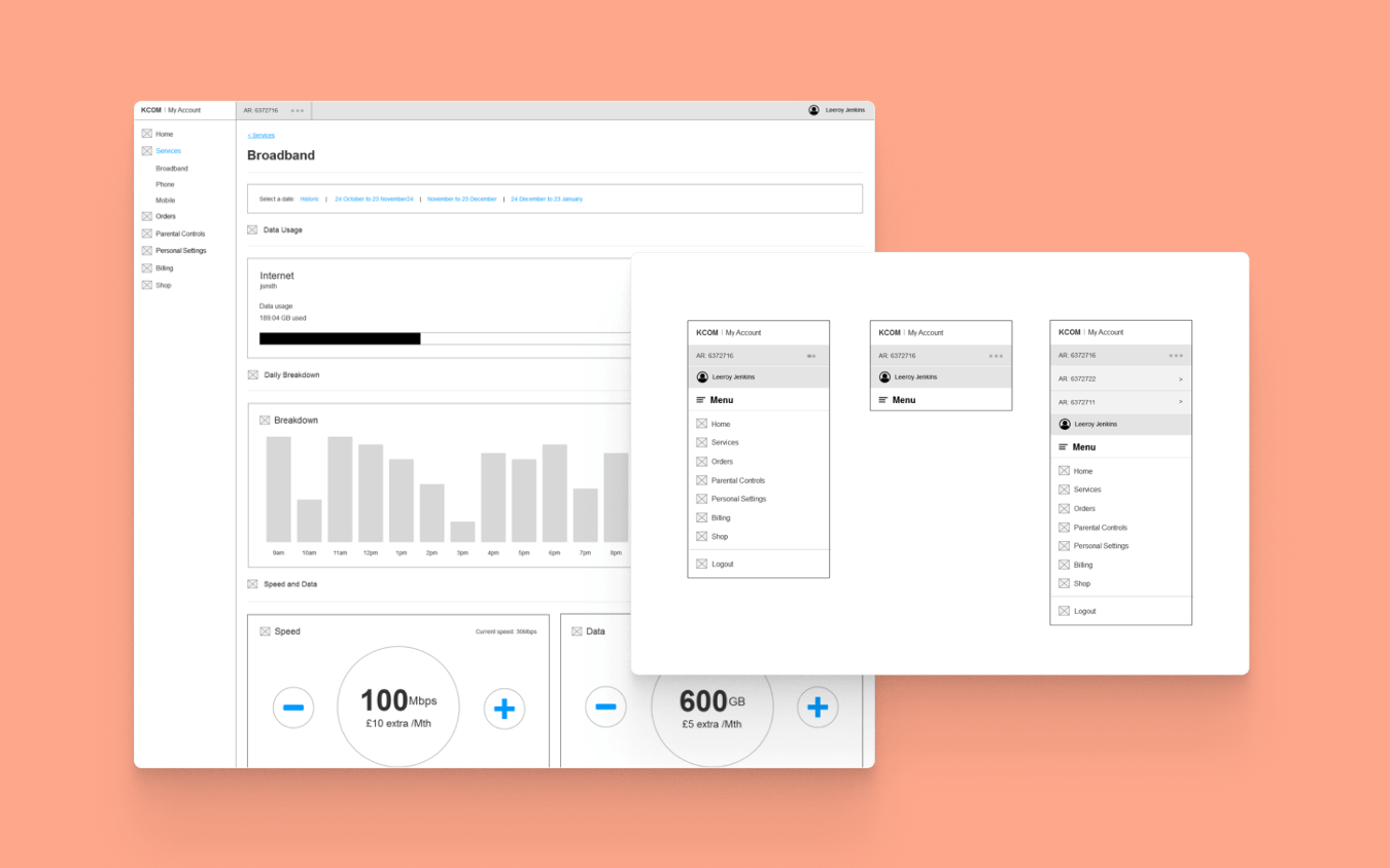 The image shows a low fidelity wireframe My Account for desktop..