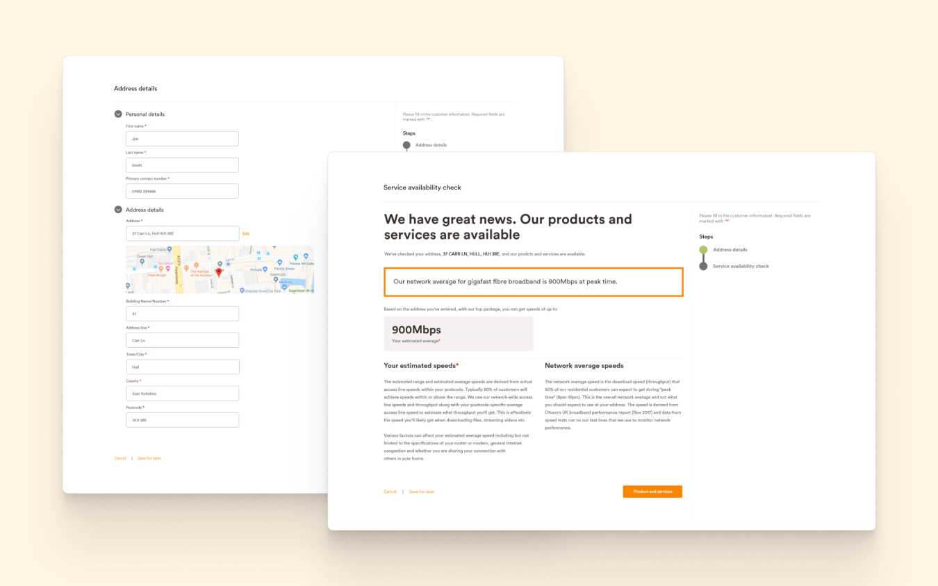 The image shows a high-fidelity wireframe for capturing customers details as part of the lead capture.
