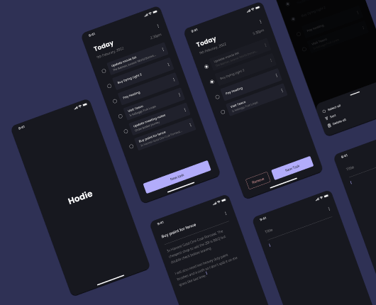 Image shows multiple screens of the Hodie app.