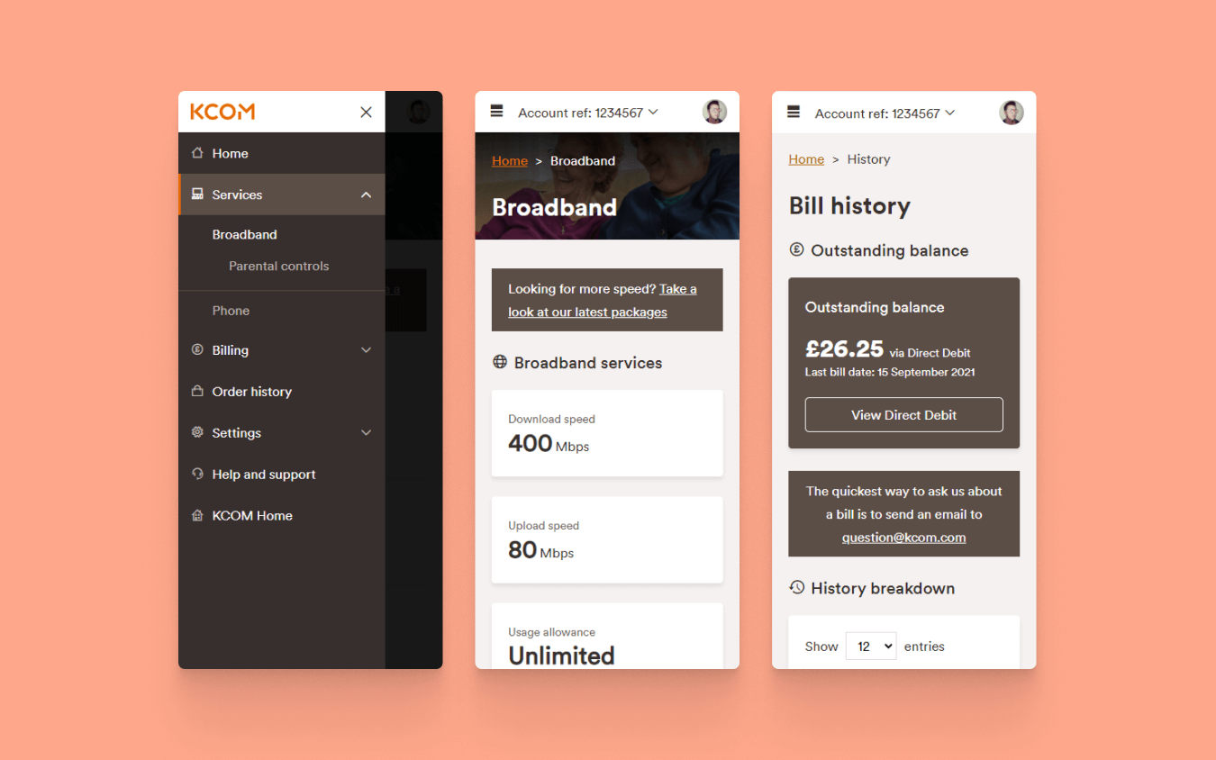 The image shows a mobile device screen showcasing different aspects of My Account.