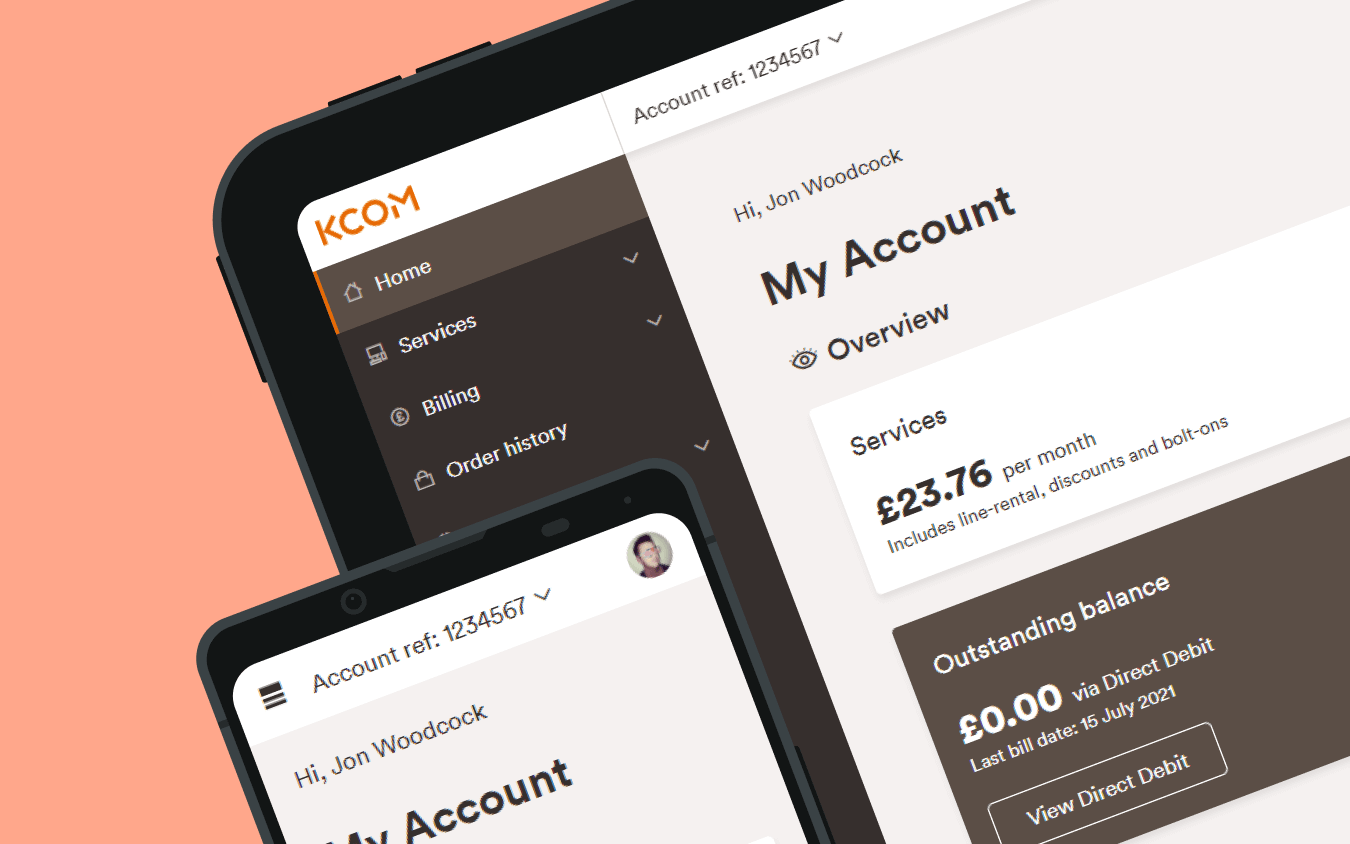 The image shows a tablet and mobile device showcasing the central dashboard for KCOM My Account. It is behind an orange backdrop.