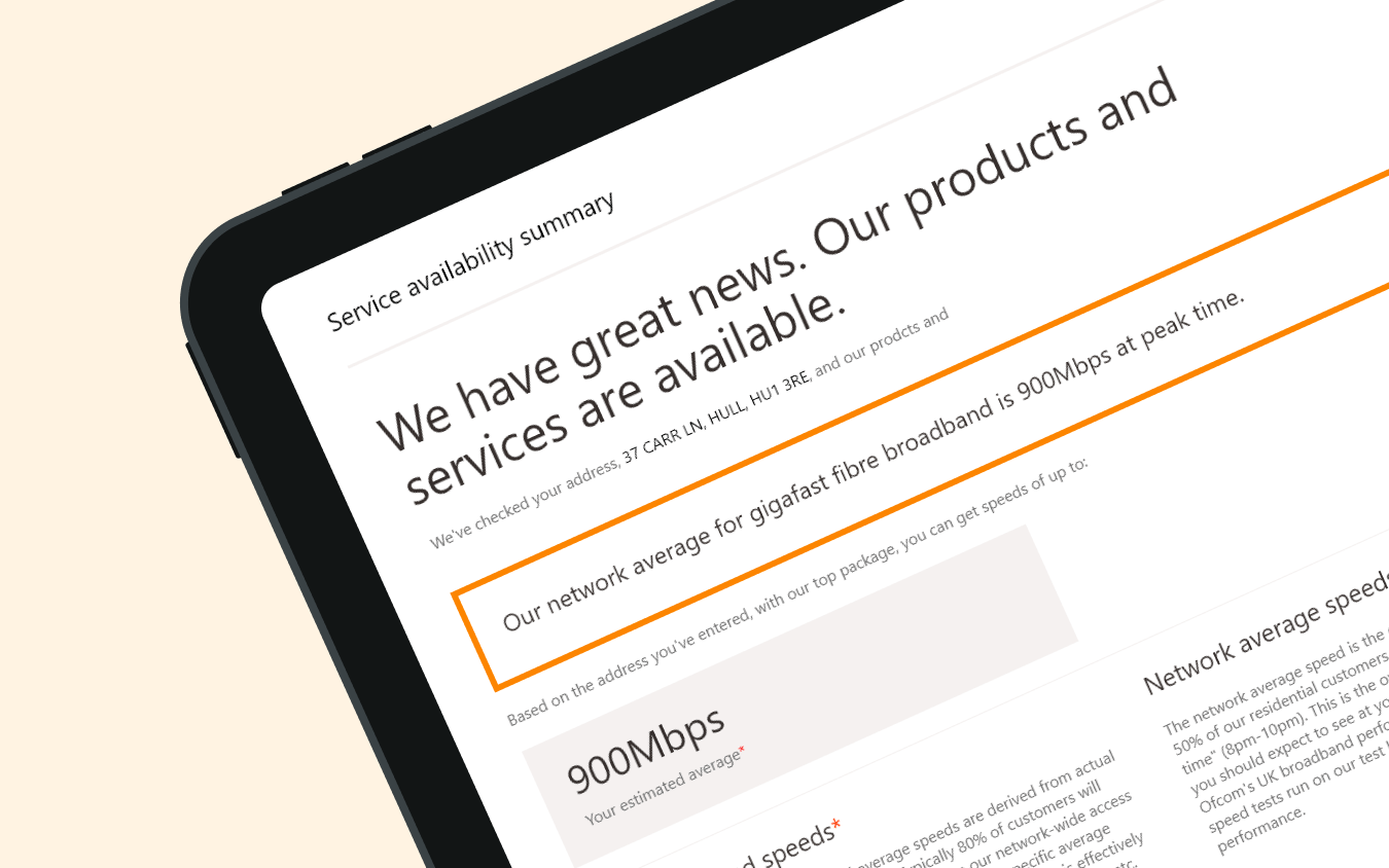 The image shows a tablet and mobile device showcasing the central dashboard for KCOM My Account. It is behind an orange backdrop.